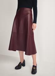 Burgundy leather midi skirt SPCDS-0077-2869(Z25), front product view on model. Half of the silhouette visible.