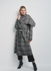 Woolen gray women's coat in a check pattern PLADT-0056-91(Z24)-01