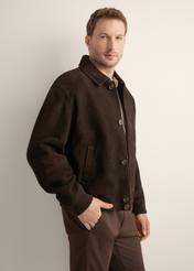 Brown men's suede jacket KURMS-0413-1I(Z26), front product view on model. Half silhouette visible.