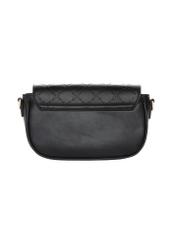 Small black women's messenger bag with monogram TOREC-1289-9P(Z26). Back view on a white background.