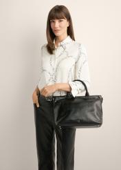 Black large leather women's handbag TORES-1158-99(Z25), front view of the product on a model, half of the silhouette visible.