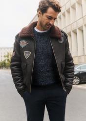 Brown men's sheepskin coat in aviator style KOZMP-0007-90(Z25)