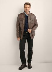 Brown men's leather jacket KURMS-0426-1H(Z26), front product view on model. Full body visible.