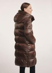 Brown long women's winter jacket KURDT-0531-1H(Z26)- side view of the product on a model on a white background. Half of the silhouette visible.