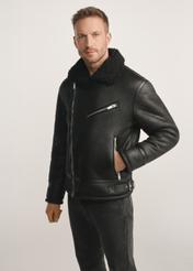 Classic black men's sheepskin coat KOZMP-0001A-99(Z24), product visible from the front on the model, half of the silhouette visible.