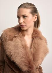 Women's leather sheepskin coat in camel color KOZDS-0095-3099(Z25), close-up of the product detail on the model.