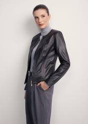 Classic women's genuine leather jacket KURDS-0209-1339(KS), front view of the product on the model. Half of the silhouette visible.