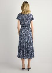Blue floral midi dress SUKDT-0267-7P(W26), back view of the product on the model. Full body visible.