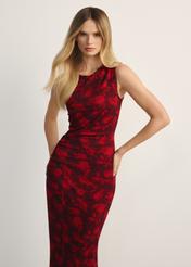 Burgundy floral viscose dress SUKDT-0245-49(Z25) - front view of the product on a model, against a white background. Half of the silhouette visible.