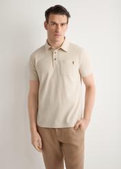 Men's light beige polo shirt POLMT-0088-1A(W26), front view of the product on the model. Half of the silhouette visible.