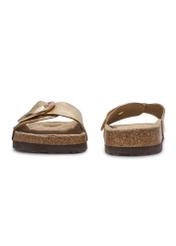 Women's gold leather flip-flops BUTYD-1157-2X(W26), front and back product view on white background.