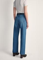 Women's blue denim pants JEADT-0012-61(Z25), back view of the product on the model. Half of the silhouette visible.