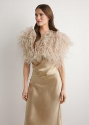 Beige natural feather cape SZADF-0036-1B(W26) - front product view, against a light background. Knee-length silhouette visible.