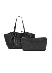 Black shopper bag with bows TOREC-1378-99(Z26), product view with cosmetic bag on white background.