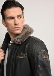 Brown leather jacket with collar KURMS-0380-1I(Z26), close-up of the product detail on the model's silhouette.