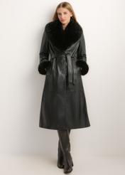 Women's black leather coat KURDS-0617-99(Z26), front view of the product on a model. Full body visible.