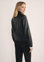 Women's leather button jacket KURDS-0578-3184(W25), product view from the back on the model, half of the silhouette visible.