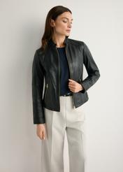 Women's black leather jacket KURDS-0602-99(W26), front view of the product on the model. Half of the silhouette visible.