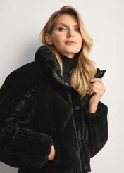 Short shiny women's jacket KURDT-0607-99(Z25), diagonal view of the product on the model, half of the silhouette visible.