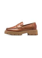 Cognac leather platform loafers BUTYD-1069-1F(W26), side product view on white background.