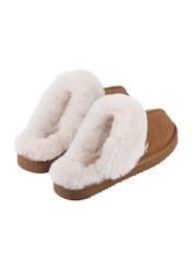 Beige slip-on snow boot style slippers BUTYD-1137-82(Z24), back view of the product on a white background.