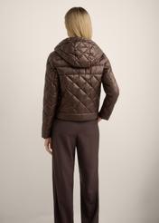 Women's brown short quilted jacket KURDT-0678-1H(Z26), back view of the product on the model. Half of the silhouette visible.