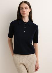 Dark navy blue women's wool sweater BLUDT-0222-7E(Z26); front view of the product on a model. Half-body shot.