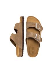Men's leather flip-flops in cool beige color BUTYM-0495-1K(W26), product view from above on a white background.