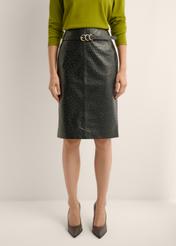 Women's black leather skirt SPCDS-0031-9I(Z26) - front product view, against a light background. Half of the silhouette visible.