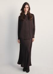 Chocolate long women's skirt SPCDT-0117-90(Z25), front view of the product on the model. Full body visible.