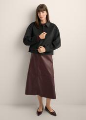 Women's short black wool coat PLADT-0067-99(Z26), front view of the product on the model. Full body visible.