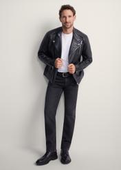 Men's leather biker jacket KURMS-0179L-5427(KS), front product view on model. Full body visible.