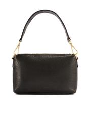 Black leather handbag with decorative weave TORES-1243-9P(W26), product view from the front on a white background.