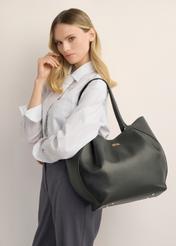 Women's black leather shopper bag TORES-1358-99(Z26), product view on model's shoulder. Half of silhouette visible.