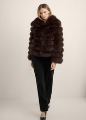 Women's brown fur coat with collar FUTDF-0100-1H(Z26), product view from the front of the model. Full body visible.