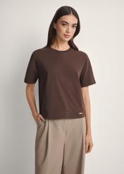 Women's brown cotton T-shirt TSHDT-0138-1I(W26), front view of the product on the model, half of the silhouette visible.