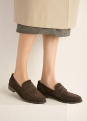 Women's dark brown suede moccasins BUTYD-1299-1I(Z26) - side view of the product, on the model's feet, on a light background.