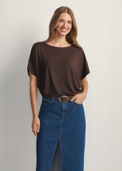 Women's brown drawstring blouse BLUDT-0170-1I(W26), front view of the product on the model. Half of the silhouette visible.