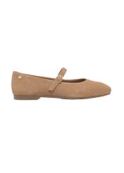 Beige suede ballet flats with belt BUTYD-1145-1B(Z26), side view of the product on a light background.