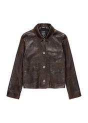Brown women's leather short jacket KURDS-0552-2868(Z25) - front product view on white background.