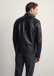 Men's leather jacket with stand-up collar KURMS-0191-5491(KS), product view from the back on the model. Half of the silhouette visible.