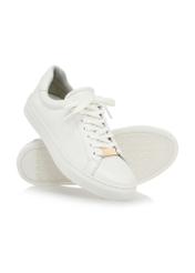 Women's white leather sneakers BUTYD-1068-0B(W26), diagonal product view on white background.