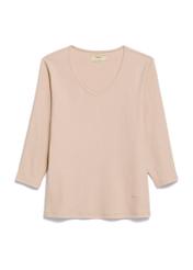 Beige women's V-neck blouse LSLDT-0036-1A(W26) - front product view, on white background.