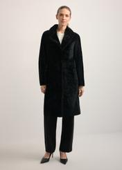 Women's sheepskin coat with snap closure KOZDS-0056-1180(Z25), front view of the product on the model. Full body visible.