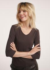 Brown V-neck women's blouse LSLDT-0036-90(Z25), front view of the product on the model. Half of the silhouette visible.