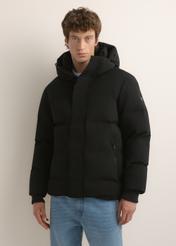 Men's black winter jacket KURMT-0447-99(Z26), front view on a model. Half-body shot.