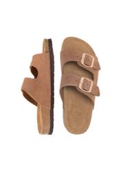 Women's leather camel flip-flops BUTYD-1158-1D(W26), top view of the product on a white background.