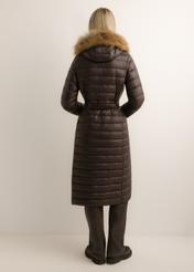 Dark brown long women's jacket with fur KURDT-0706-1I(Z26), back view of the product on the model. The entire silhouette is visible.