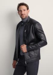 Men's leather jacket with stand-up collar KURMS-0191-5491(KS), front product view on model. Half silhouette visible.