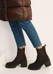 Women's dark brown suede heeled ankle boots BUTYD-1094-1I(Z26) - side view of the product on a model against a white background. Knee-length silhouette visible.